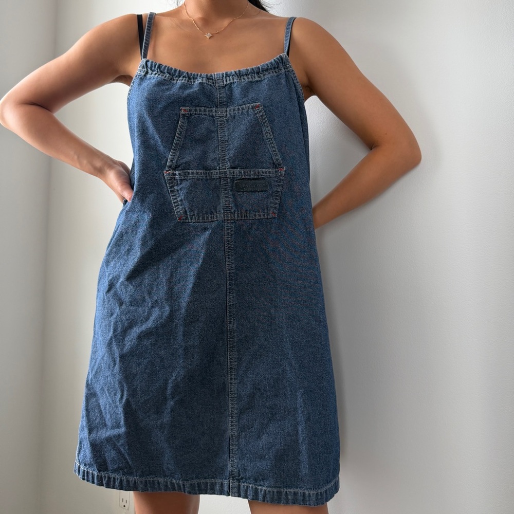 90s Reactor+ Blue Denim Pinafore Dress - Medium - Picture 2 of 5